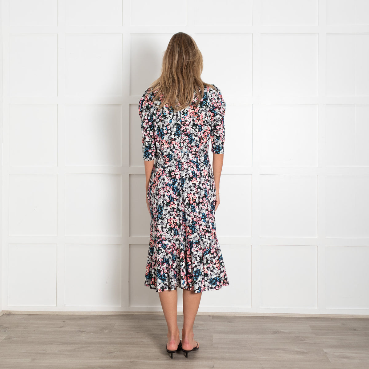 Erdem Black Pink Blue Floral Print Jersey Short Sleeve Dress