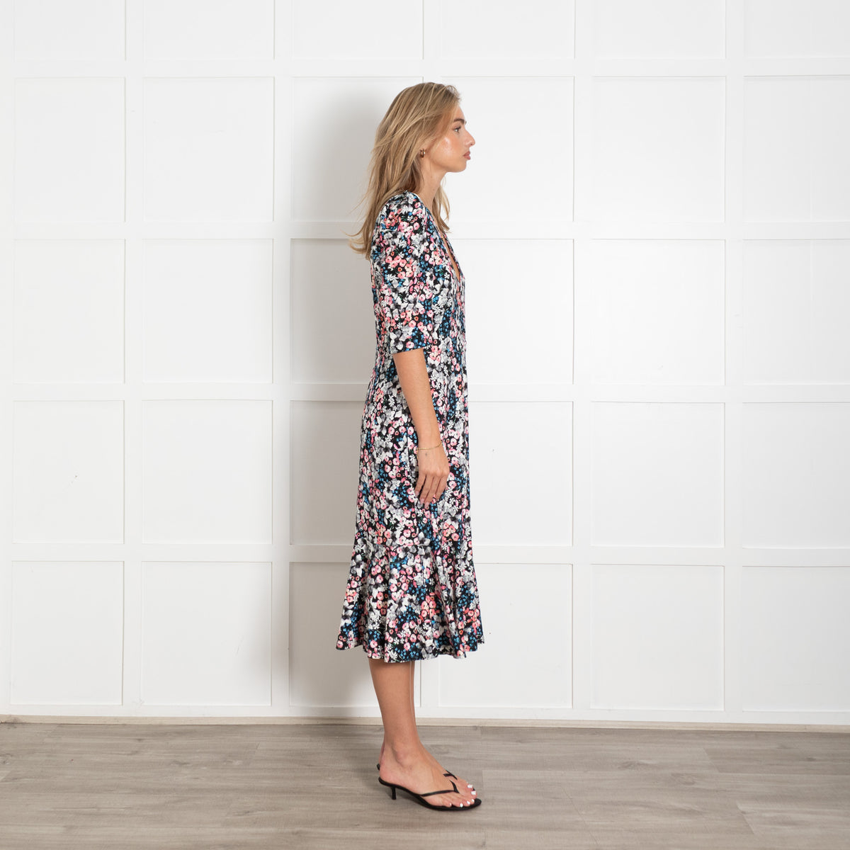 Erdem Black Pink Blue Floral Print Jersey Short Sleeve Dress