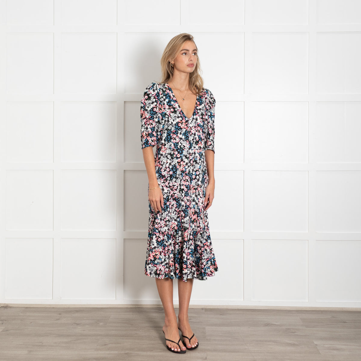 Erdem Black Pink Blue Floral Print Jersey Short Sleeve Dress