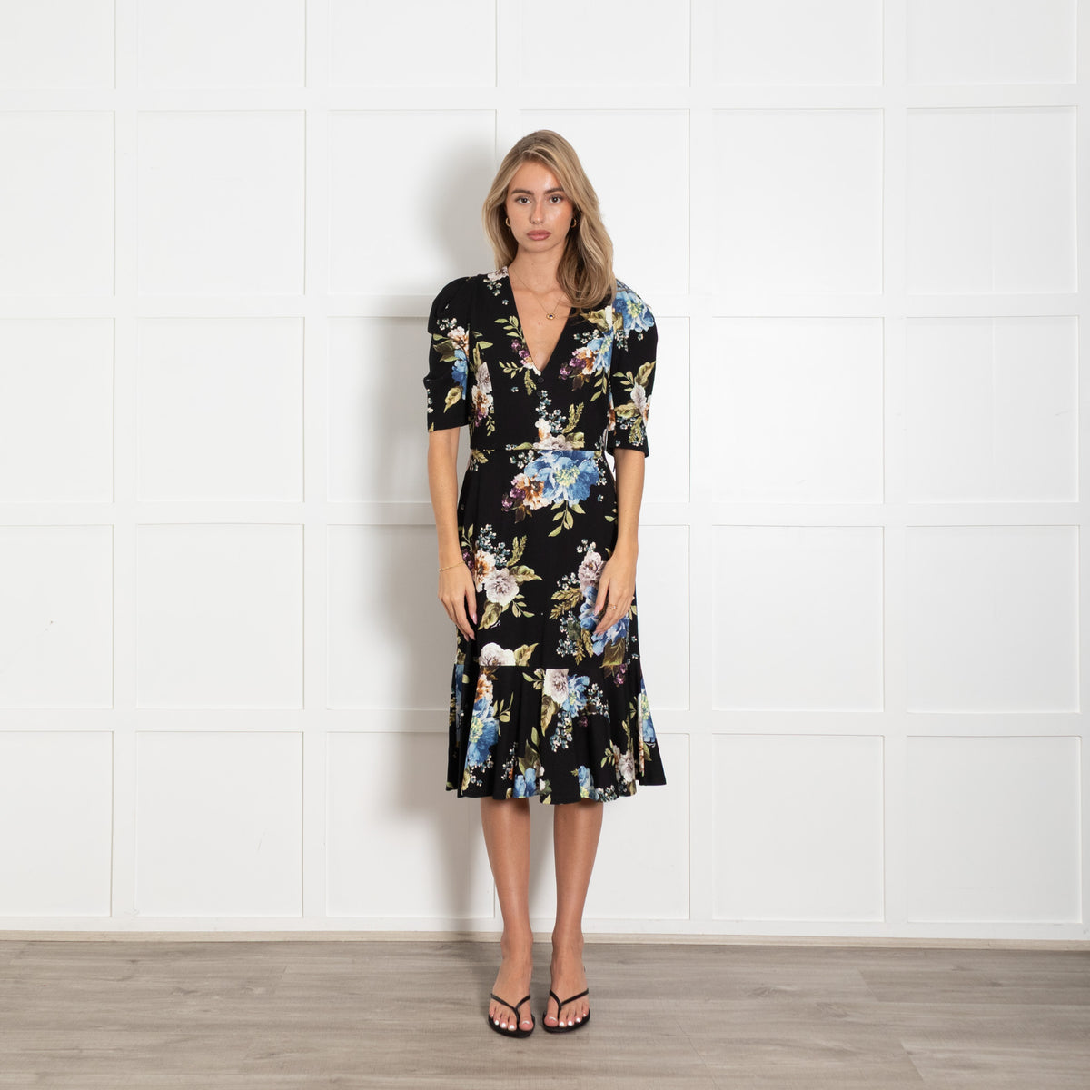 Erdem Black Multi Flower Print Jersey Short Sleeve Peplum Hem Dress UK 14