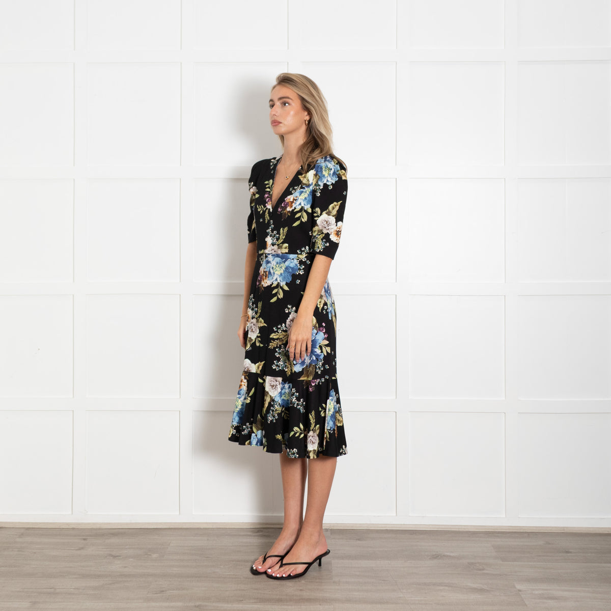 Erdem Black Multi Flower Print Jersey Short Sleeve Peplum Hem Dress UK 14