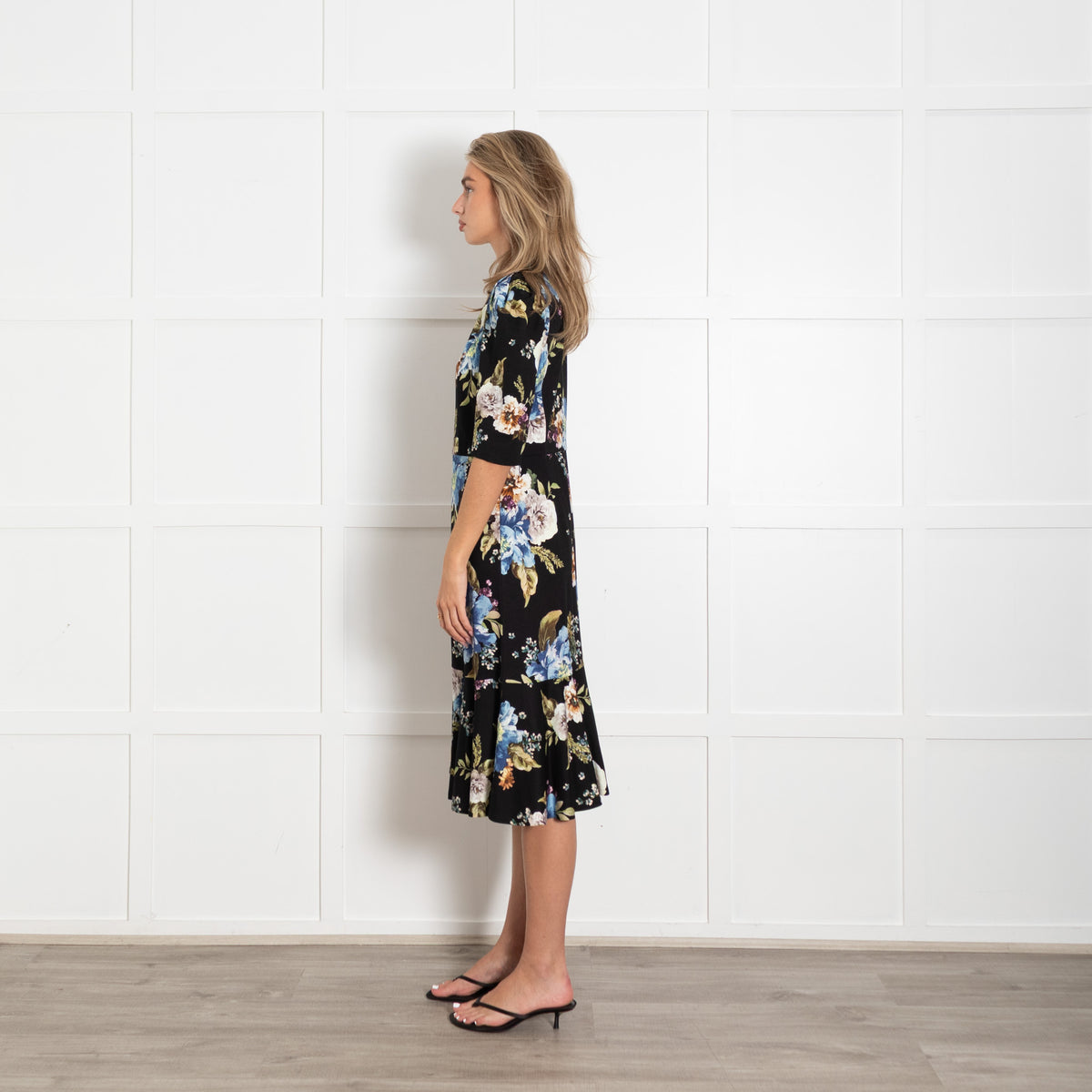 Erdem Black Multi Flower Print Jersey Short Sleeve Peplum Hem Dress UK 14