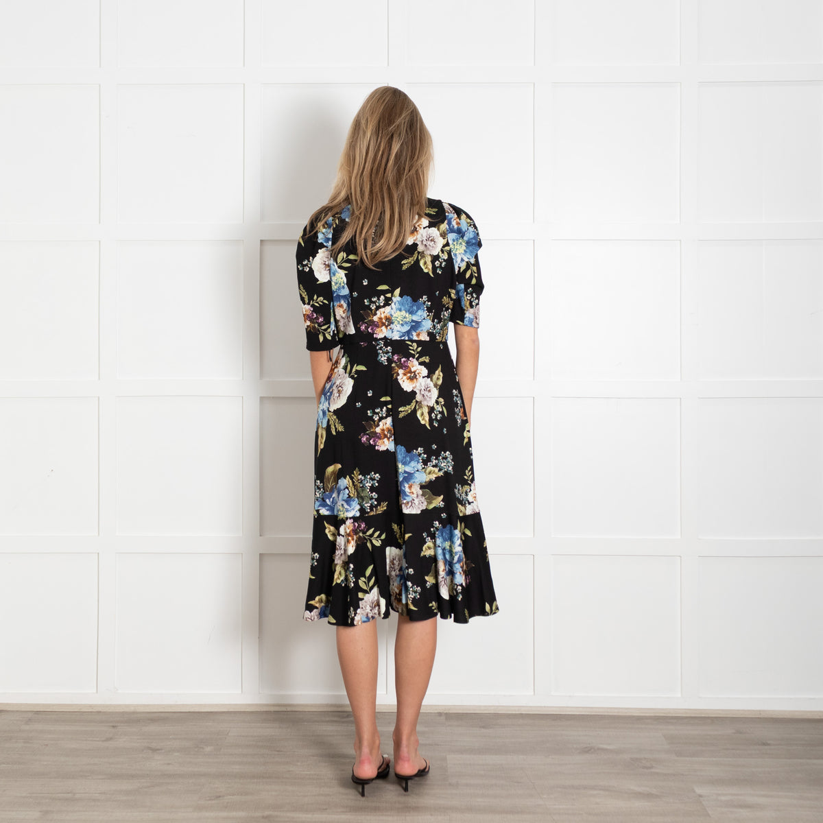 Erdem Black Multi Flower Print Jersey Short Sleeve Peplum Hem Dress UK 14