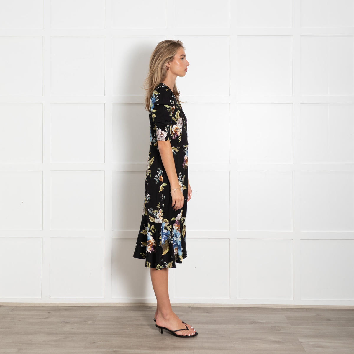 Erdem Black Multi Flower Print Jersey Short Sleeve Peplum Hem Dress UK 14