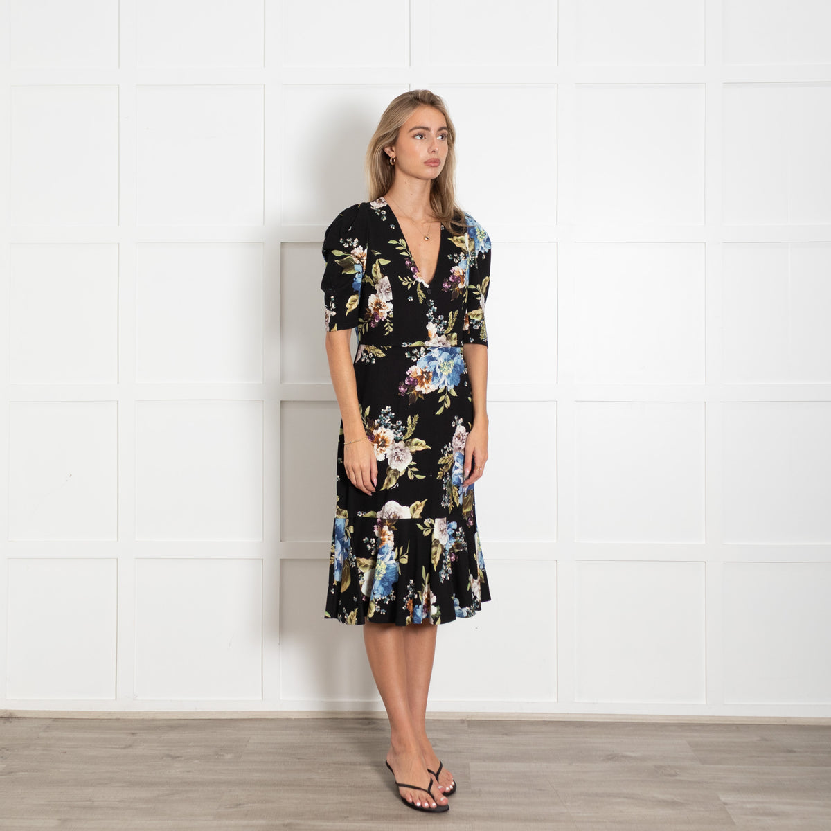 Erdem Black Multi Flower Print Jersey Short Sleeve Peplum Hem Dress UK 14