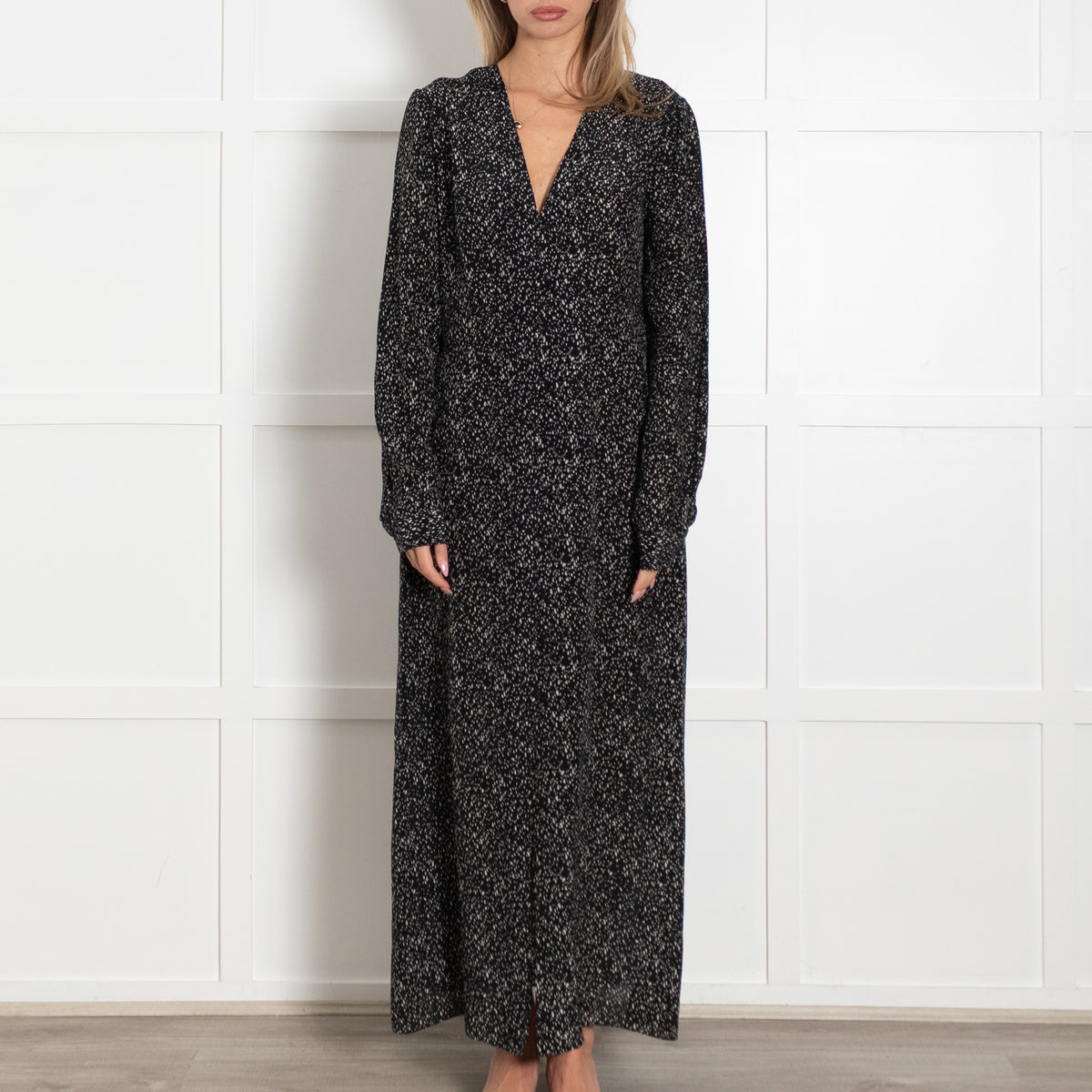 Raey Black Cream Fleck Silk Long Sleeve Maxi Shirt Dress