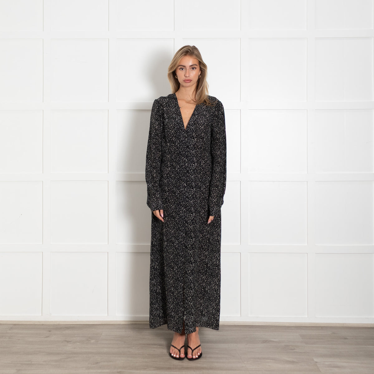 Raey Black Cream Fleck Silk Long Sleeve Maxi Shirt Dress