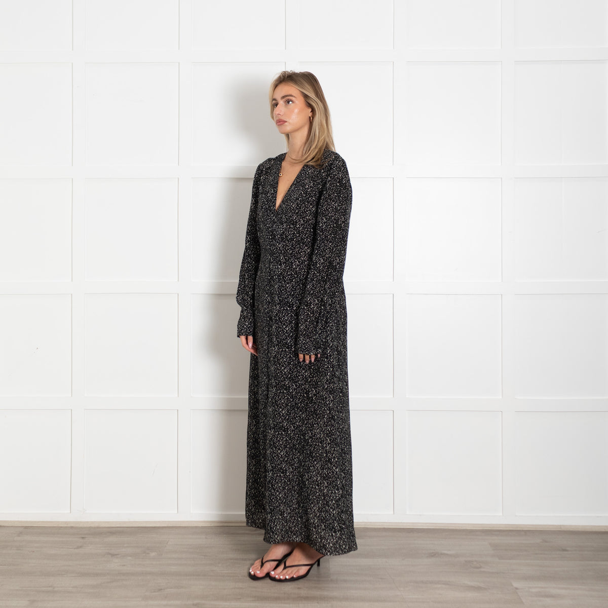 Raey Black Cream Fleck Silk Long Sleeve Maxi Shirt Dress