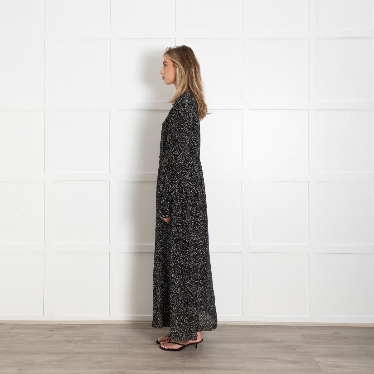 Raey Black Cream Fleck Silk Long Sleeve Maxi Shirt Dress