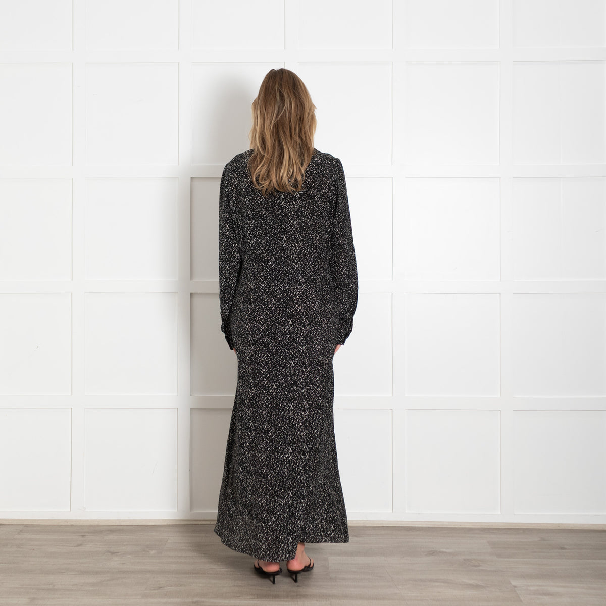 Raey Black Cream Fleck Silk Long Sleeve Maxi Shirt Dress