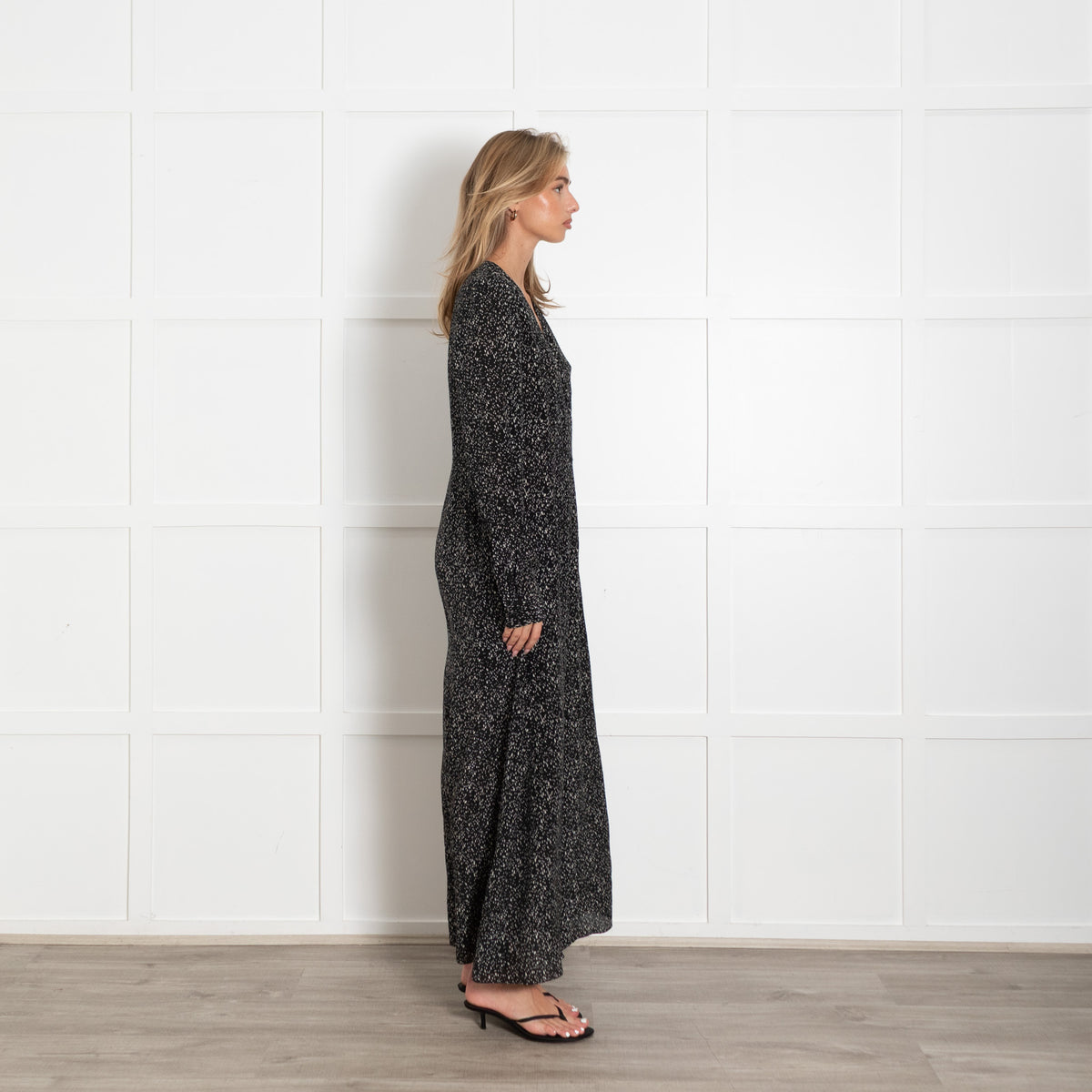 Raey Black Cream Fleck Silk Long Sleeve Maxi Shirt Dress