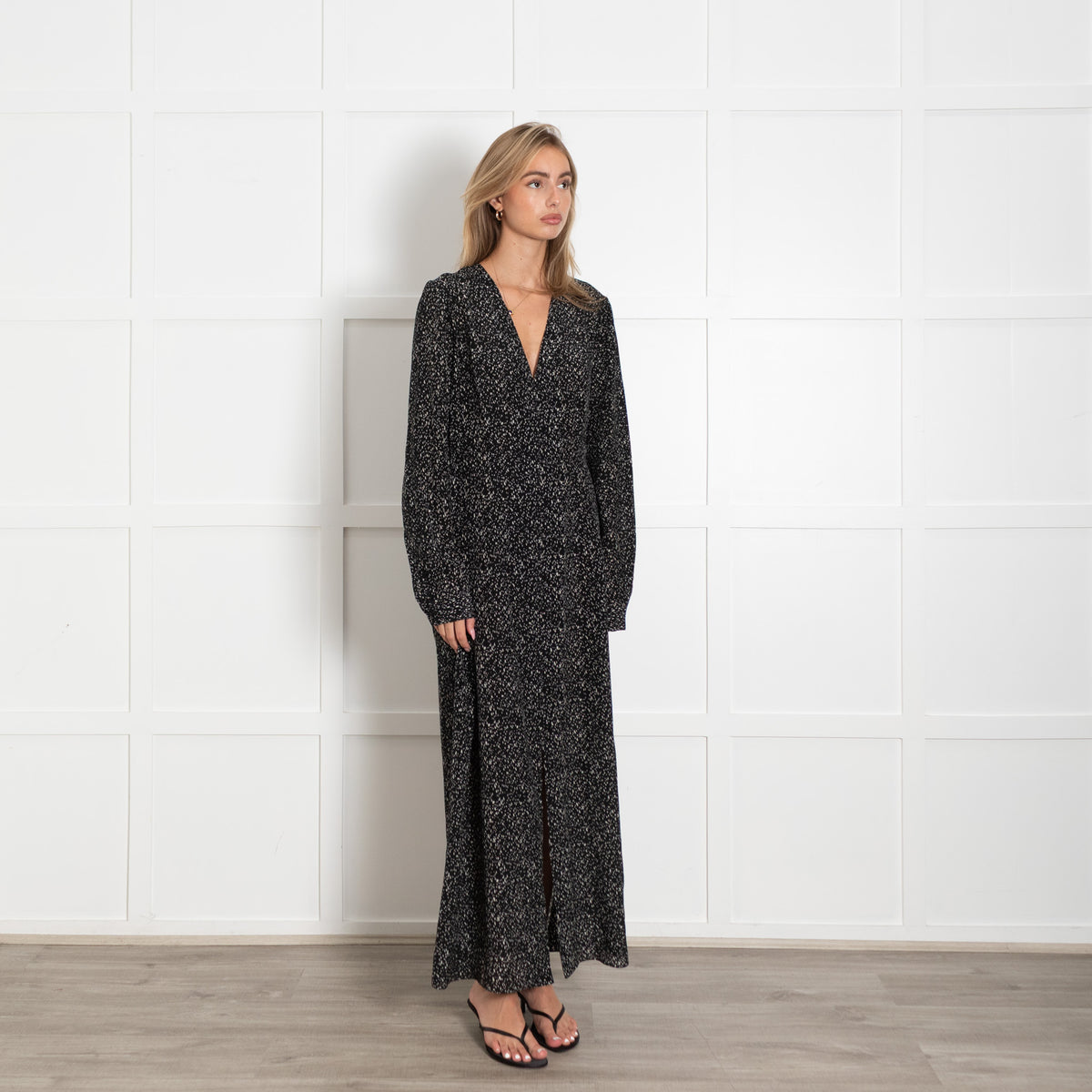 Raey Black Cream Fleck Silk Long Sleeve Maxi Shirt Dress
