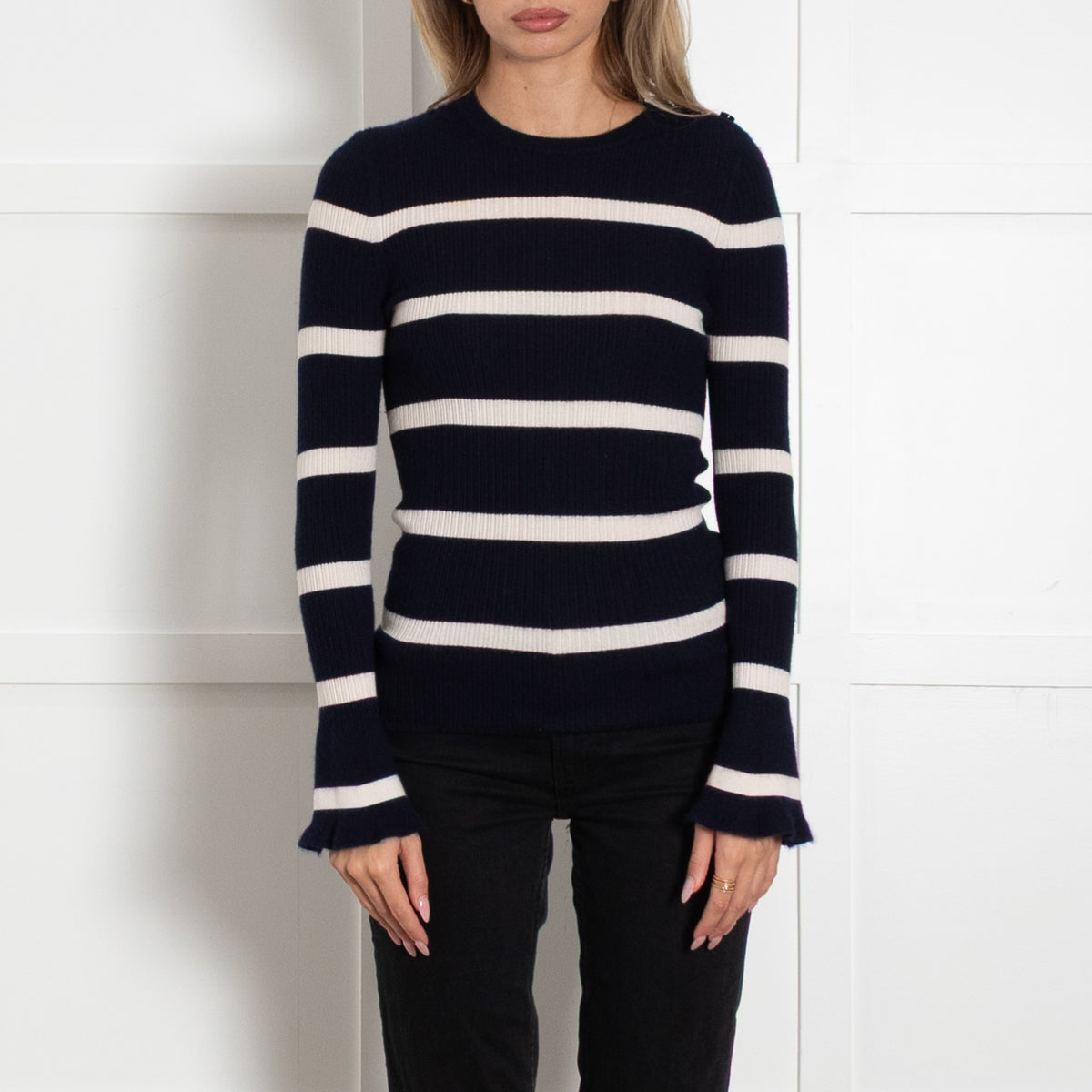 Eric Bompard Navy Cream Striped Cashmere Blend Sweater