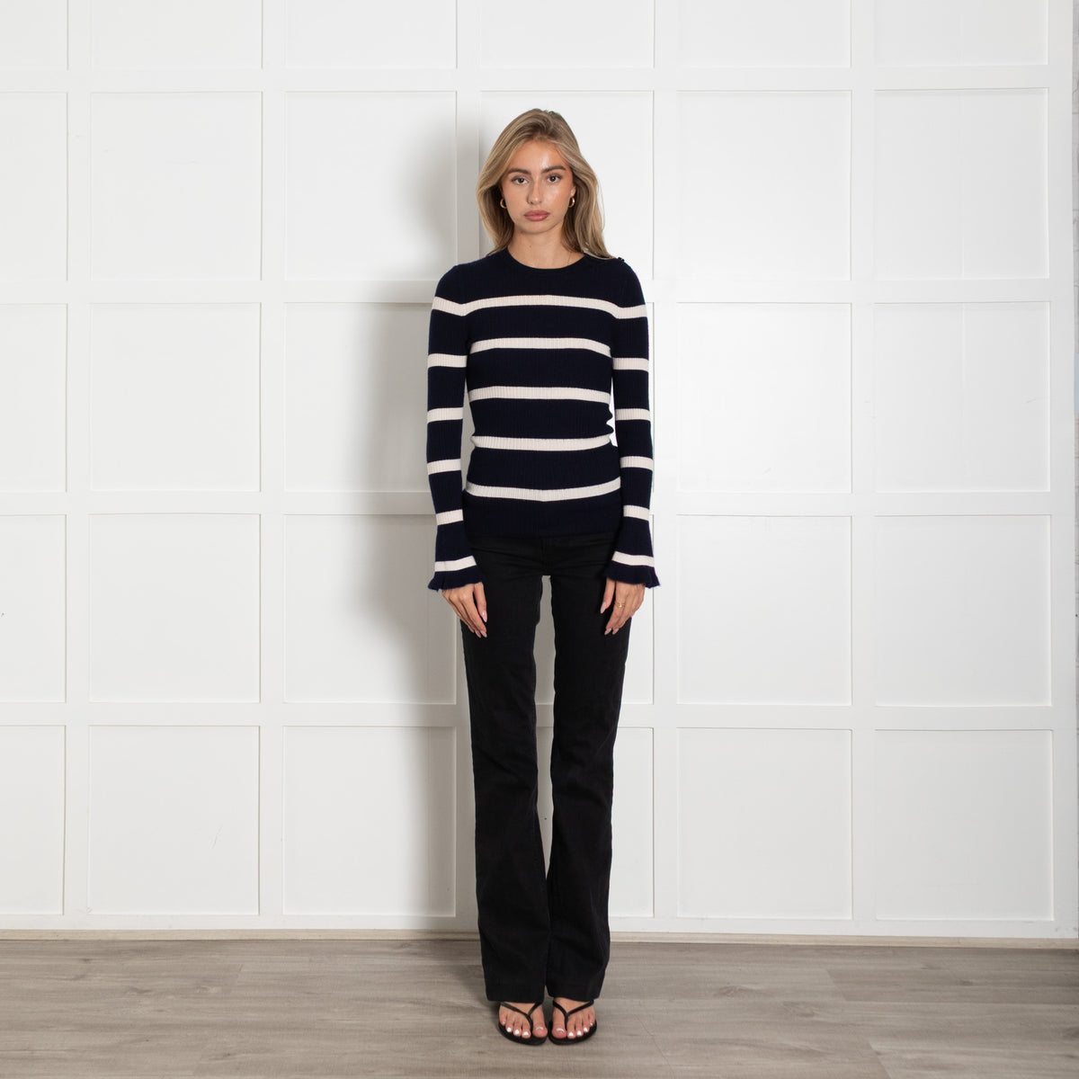 Eric Bompard Navy Cream Striped Cashmere Blend Sweater