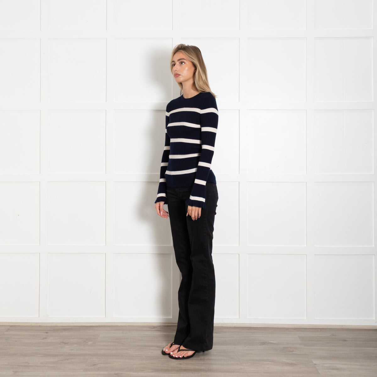 Eric Bompard Navy Cream Striped Cashmere Blend Sweater