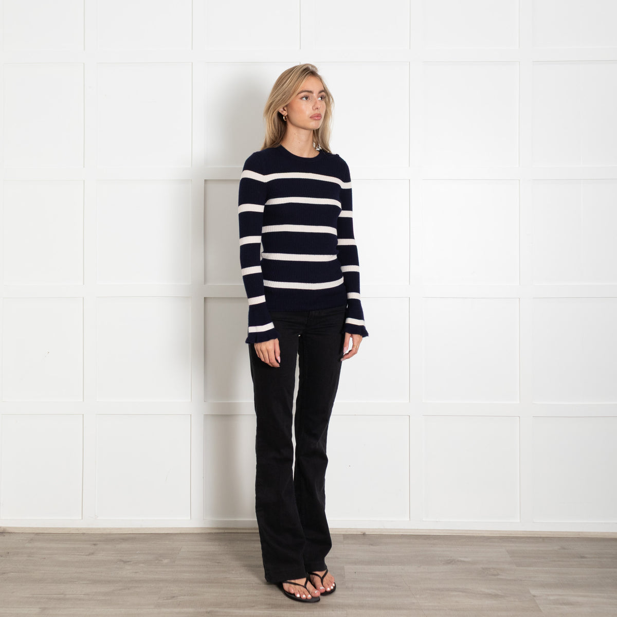 Eric Bompard Navy Cream Striped Cashmere Blend Sweater