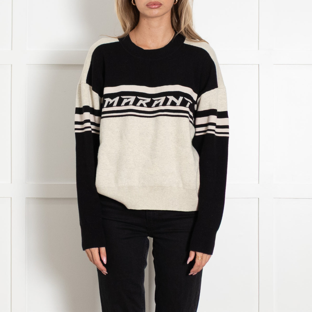 Marant Etoile Beige Cotton Wool Blend Black Logo Jumper