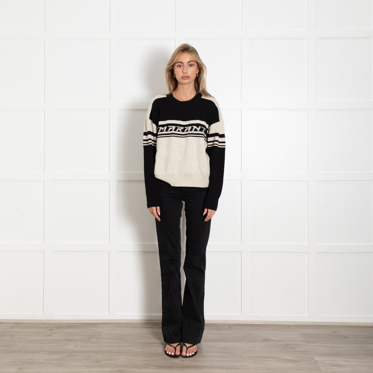 Marant Etoile Beige Cotton Wool Blend Black Logo Jumper
