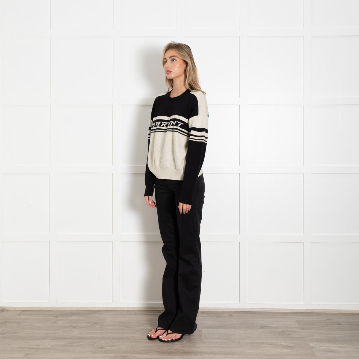 Marant Etoile Beige Cotton Wool Blend Black Logo Jumper