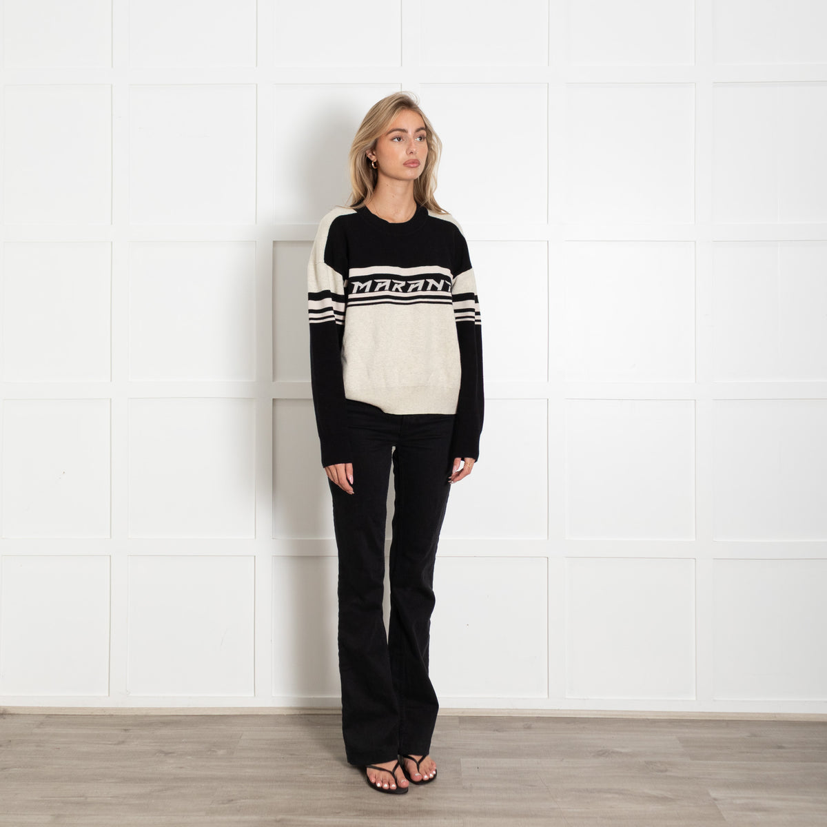 Marant Etoile Beige Cotton Wool Blend Black Logo Jumper