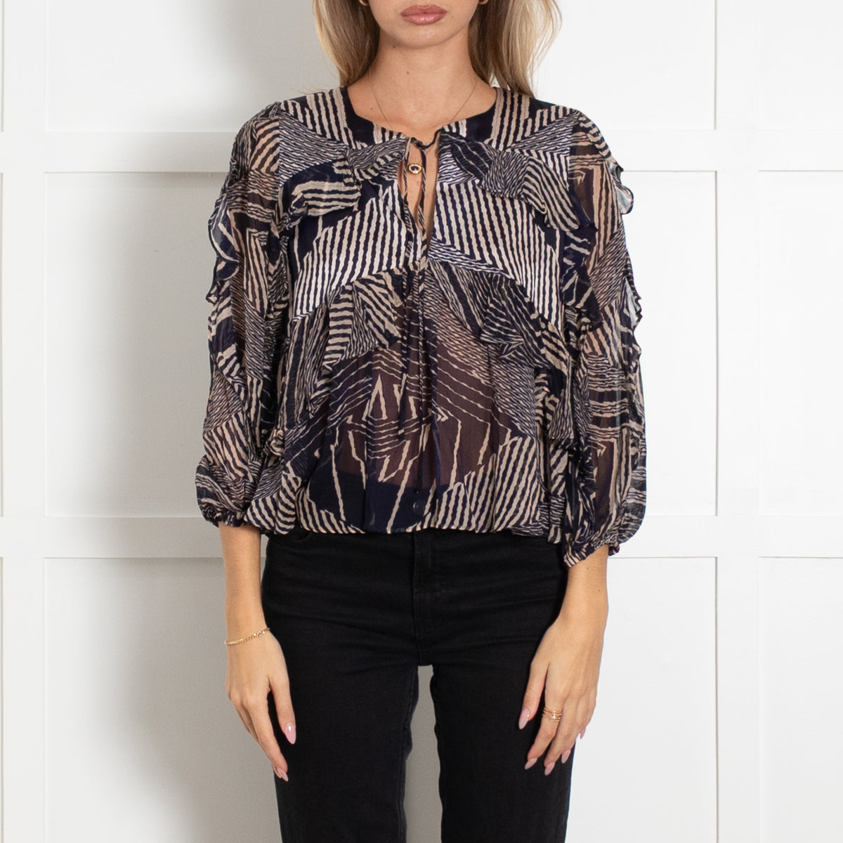 Ba&sh Navy and Beige Viscose See-through Long-Sleeved lady Blouse UK 6