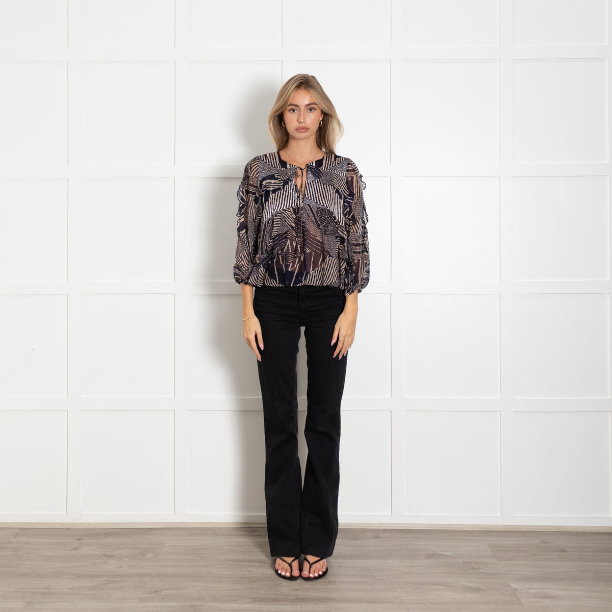 Ba&sh Navy and Beige Viscose See-through Long-Sleeved lady Blouse UK 6