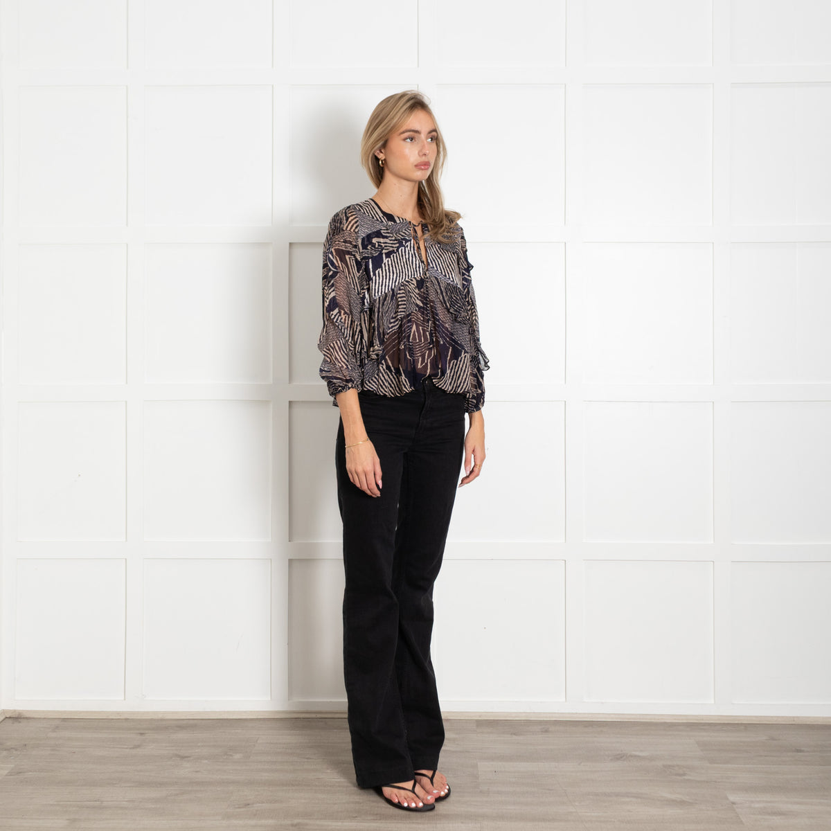 Ba&sh Navy and Beige Viscose See-through Long-Sleeved lady Blouse UK 6