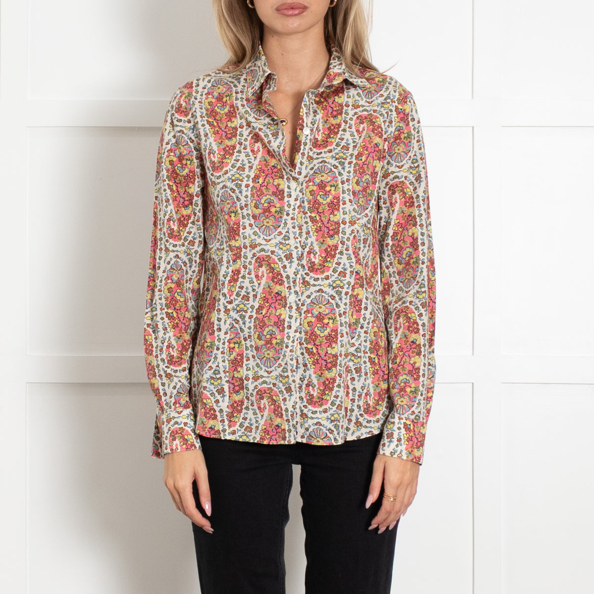 Etro White and Orange Cotton Long-Sleeved Jacquard Shirt