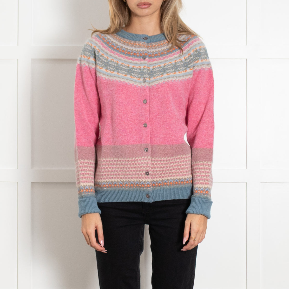 Eribe Pink Blue Fairisle Wool Blend Cardigan