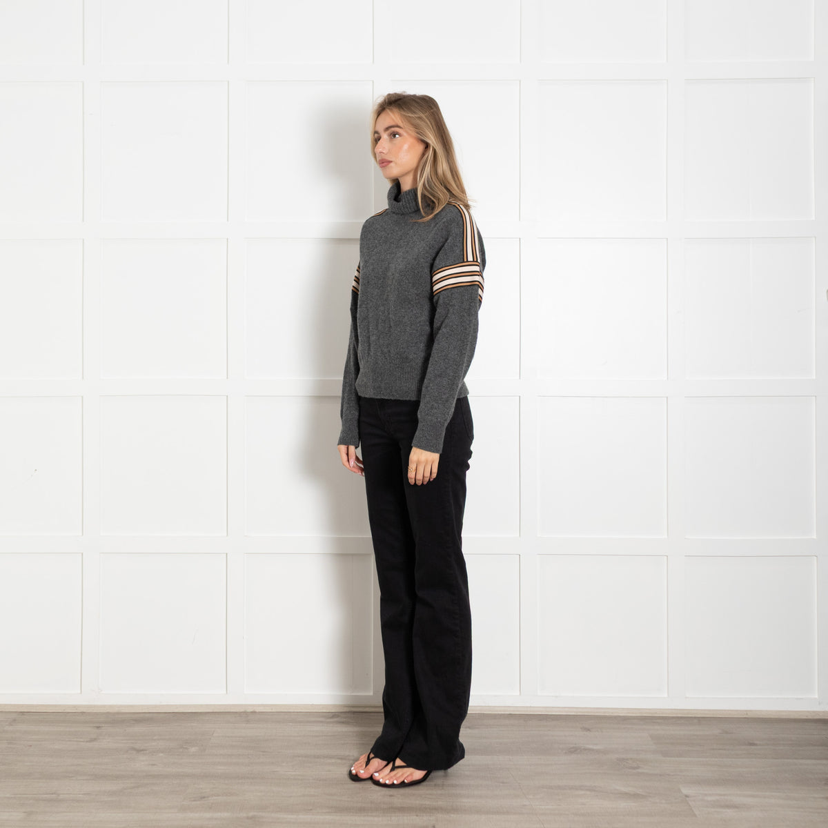 Sandro Dark Grey Wool Blend Stripe Fabric Detail Turtle Neck Jumper