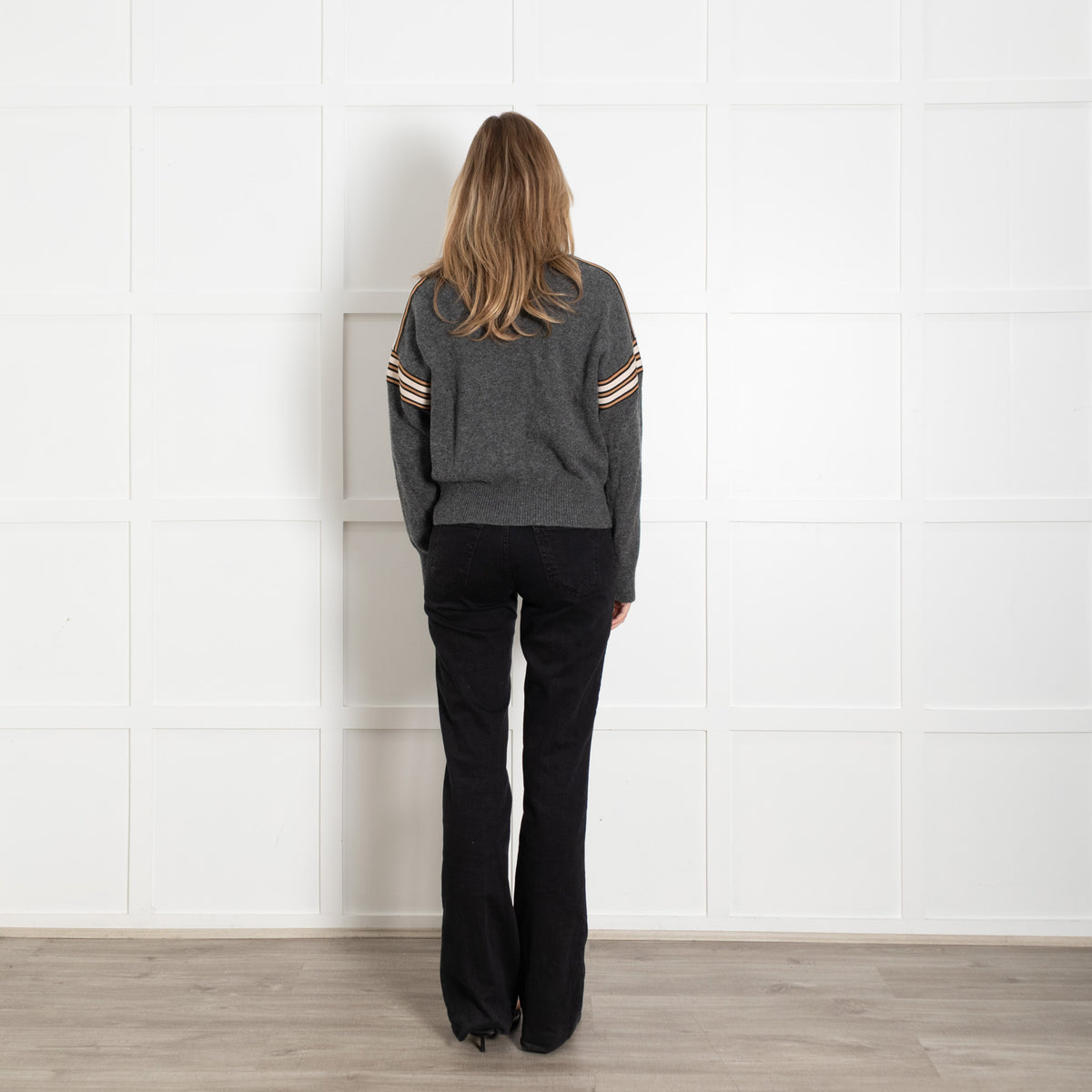 Sandro Dark Grey Wool Blend Stripe Fabric Detail Turtle Neck Jumper