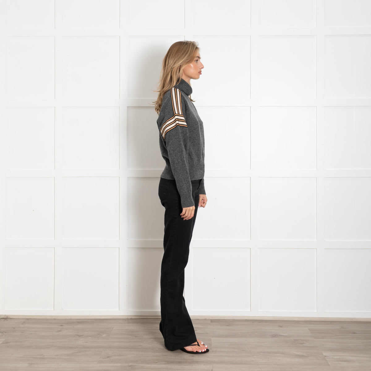 Sandro Dark Grey Wool Blend Stripe Fabric Detail Turtle Neck Jumper