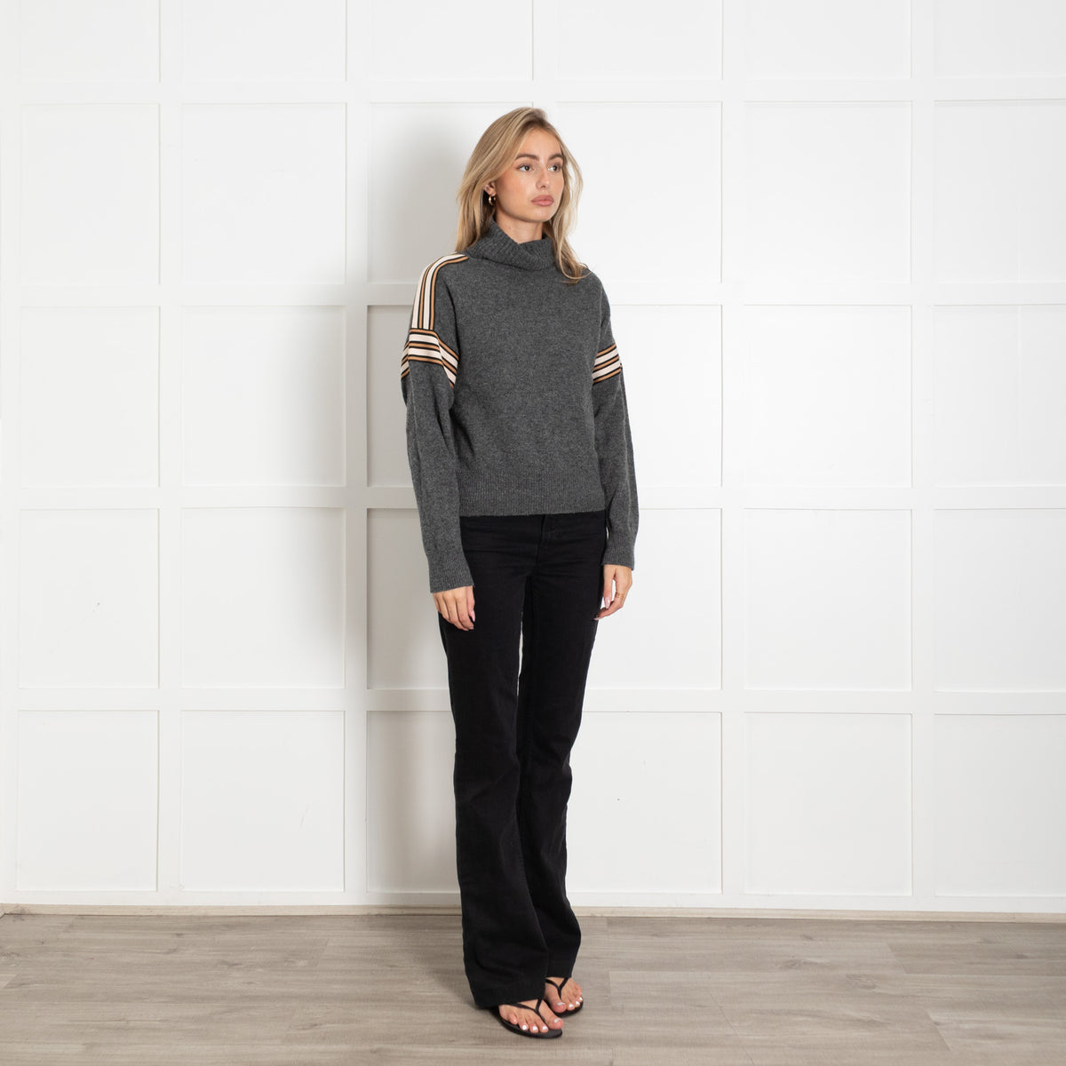 Sandro Dark Grey Wool Blend Stripe Fabric Detail Turtle Neck Jumper