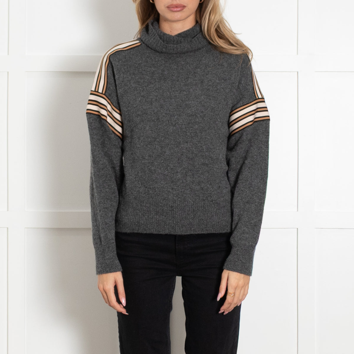 Sandro Dark Grey Wool Blend Stripe Fabric Detail Turtle Neck Jumper