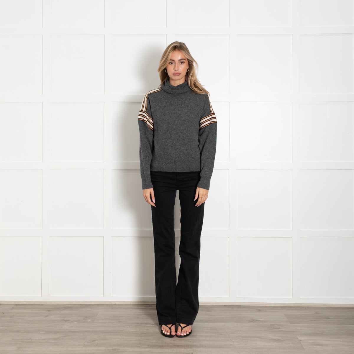 Sandro Dark Grey Wool Blend Stripe Fabric Detail Turtle Neck Jumper