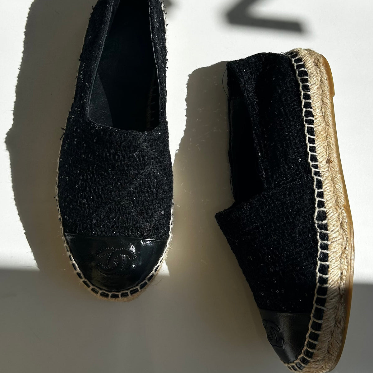 Chanel Black CC Cap Toe Sequin Tweed Flat Espadrilles