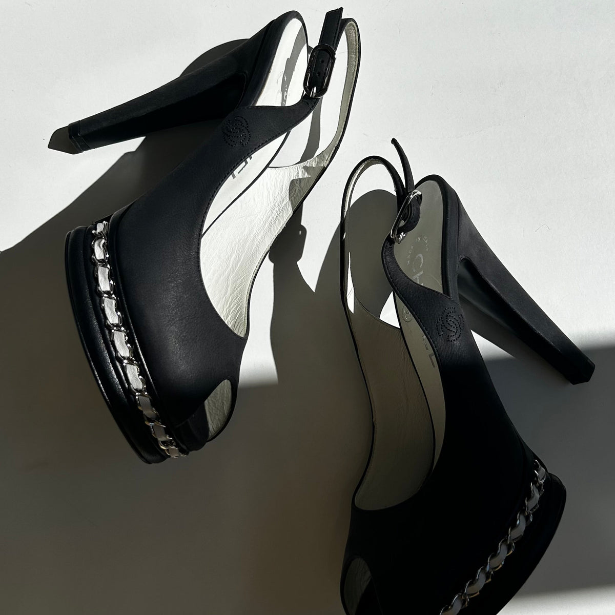 Chanel Pebble Grey Leather Chain Link Platform Slingbacks
