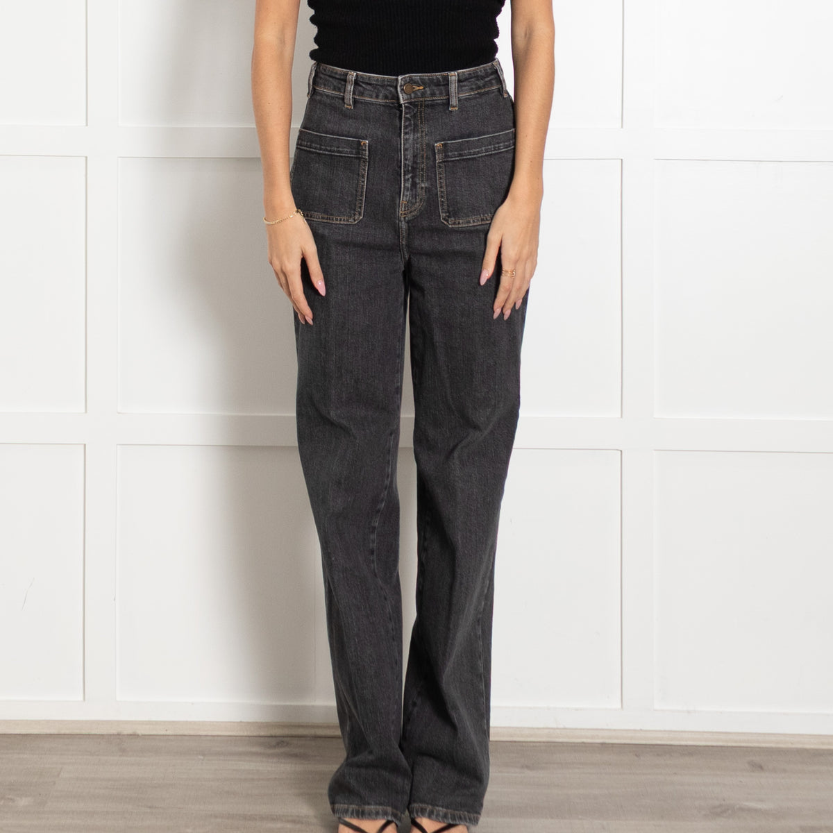 Ba&sh Faded Black Denim High Rise Straight Leg Jeans