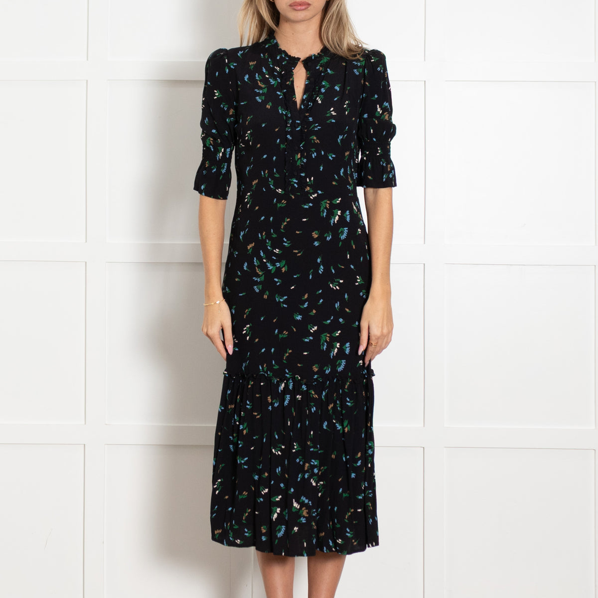 Wyse Black Green Orange Floral Smocking Sleeves Dress