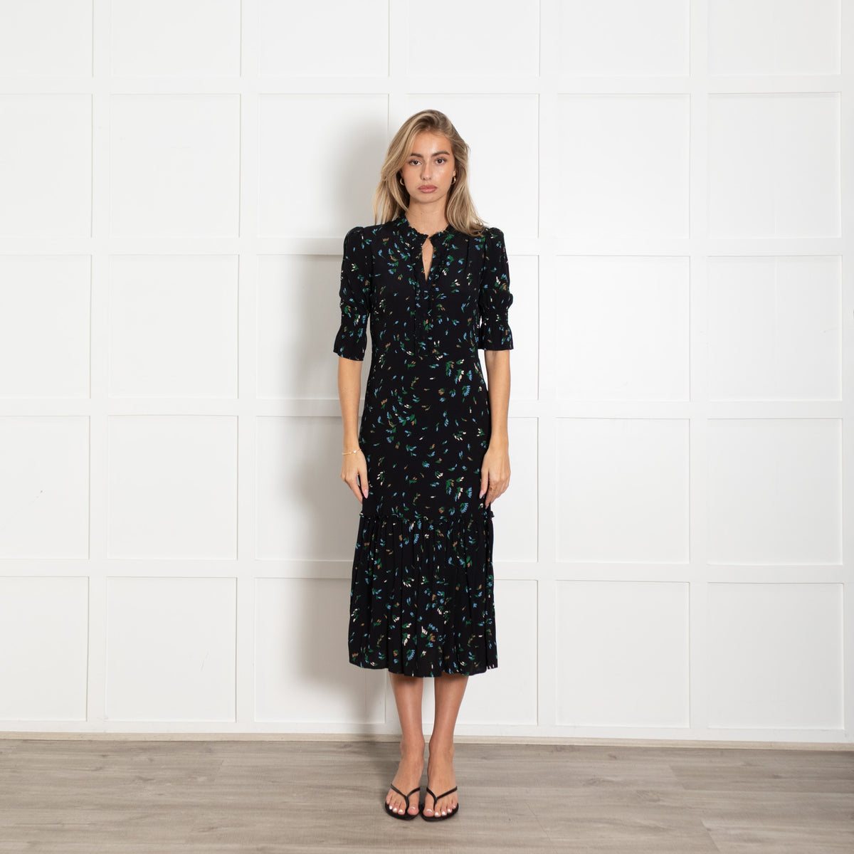 Wyse Black Green Orange Floral Smocking Sleeves Dress