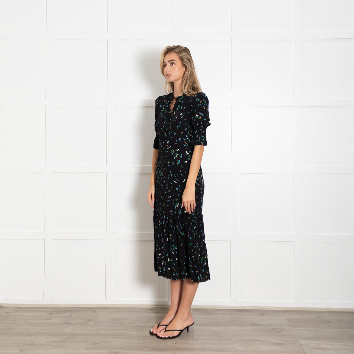 Wyse Black Green Orange Floral Smocking Sleeves Dress