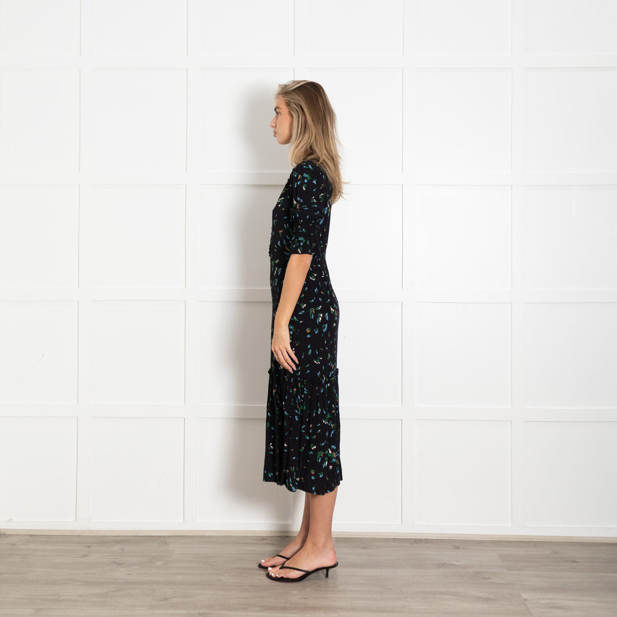 Wyse Black Green Orange Floral Smocking Sleeves Dress