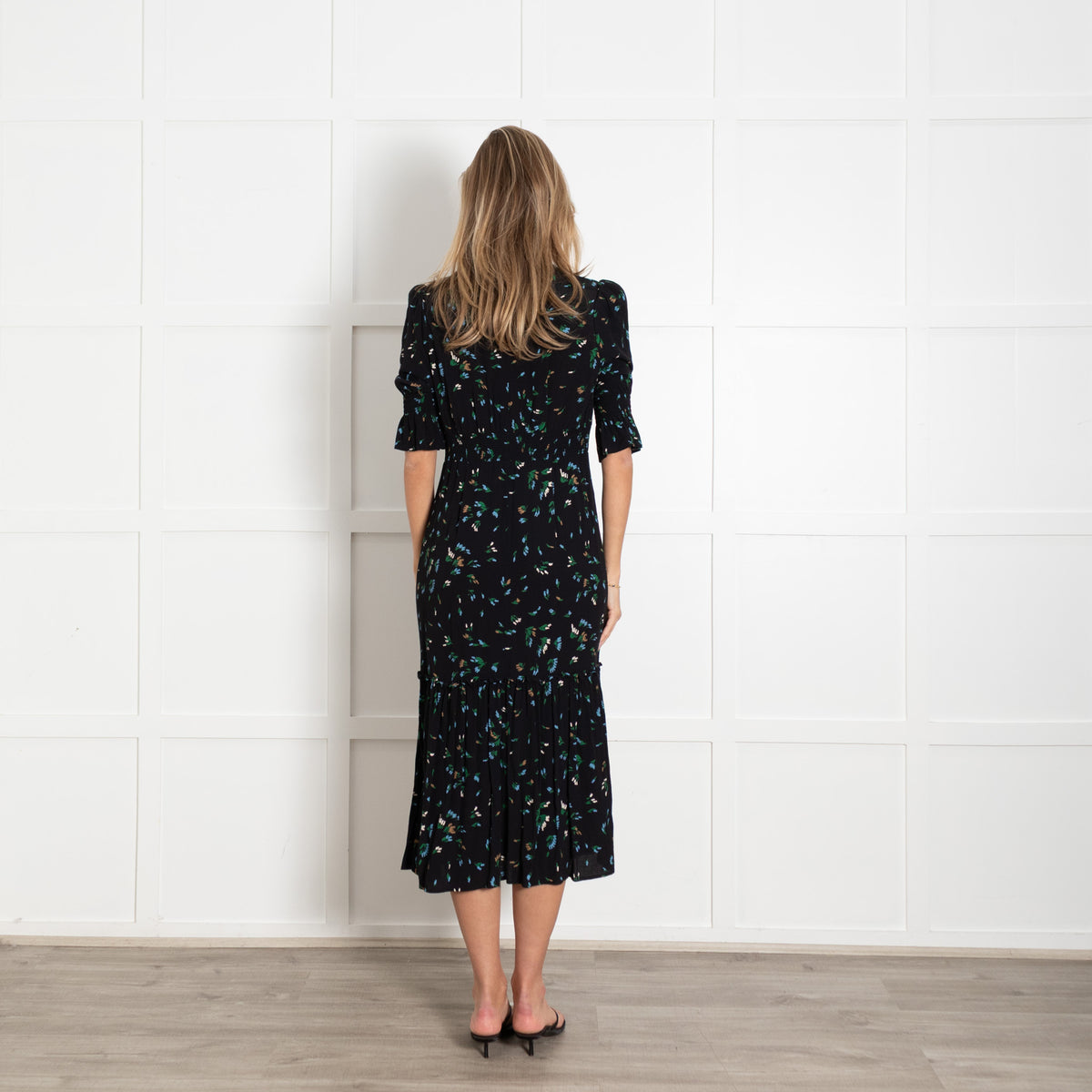Wyse Black Green Orange Floral Smocking Sleeves Dress