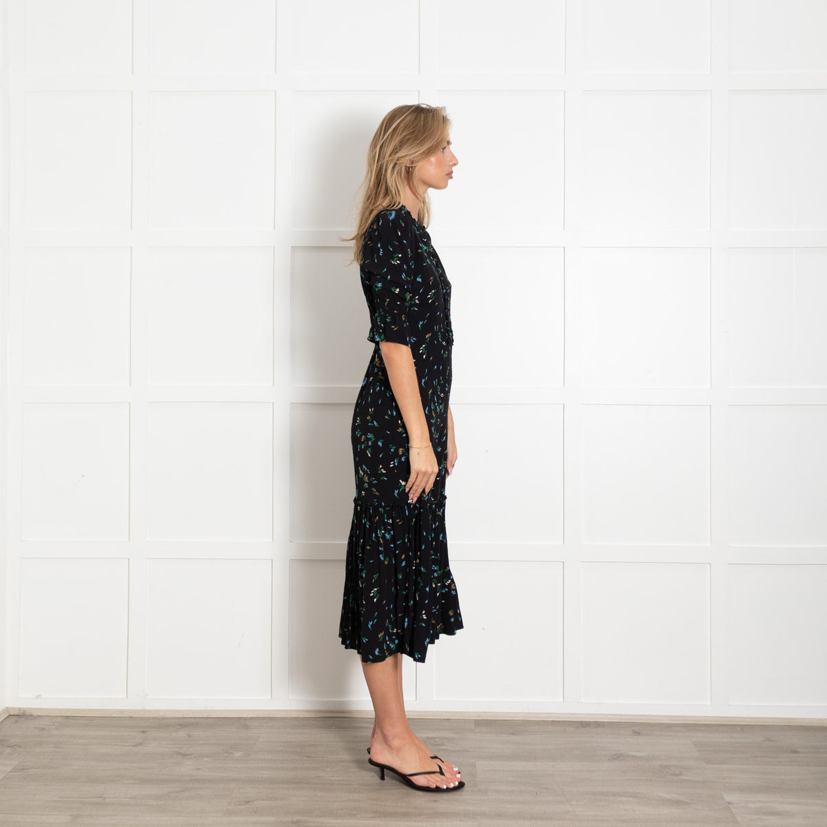 Wyse Black Green Orange Floral Smocking Sleeves Dress