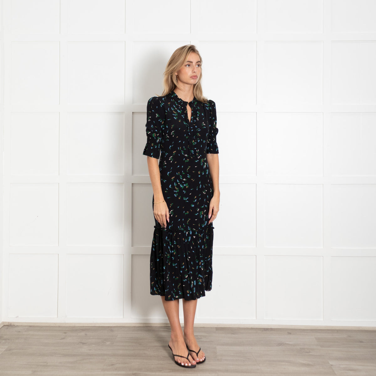 Wyse Black Green Orange Floral Smocking Sleeves Dress
