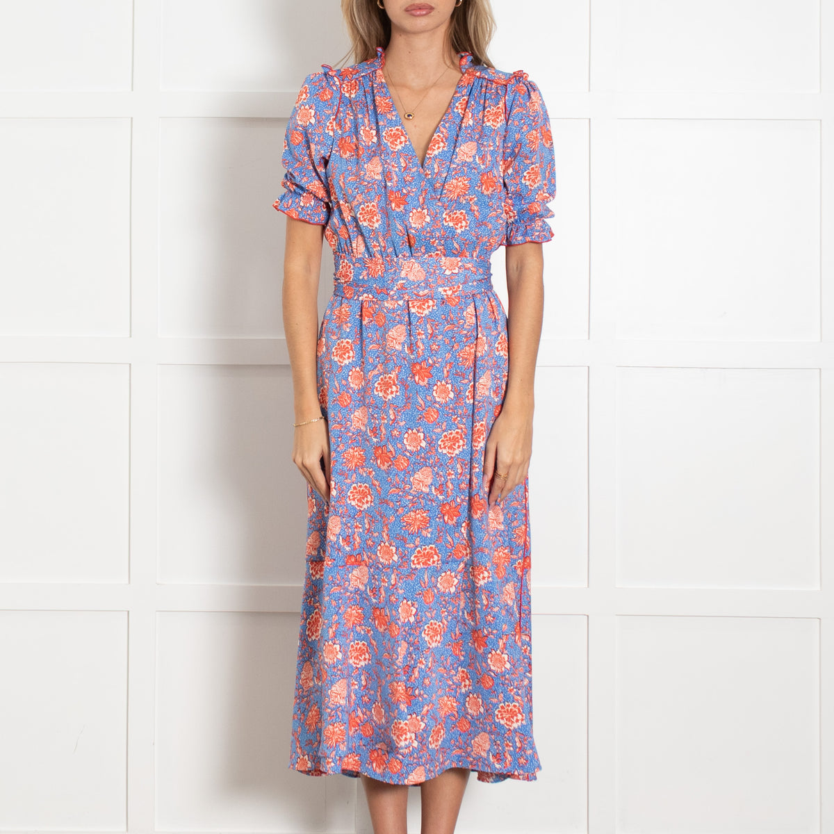 Me + Em Light Blue White Orange Floral Frill Detail Long Dress