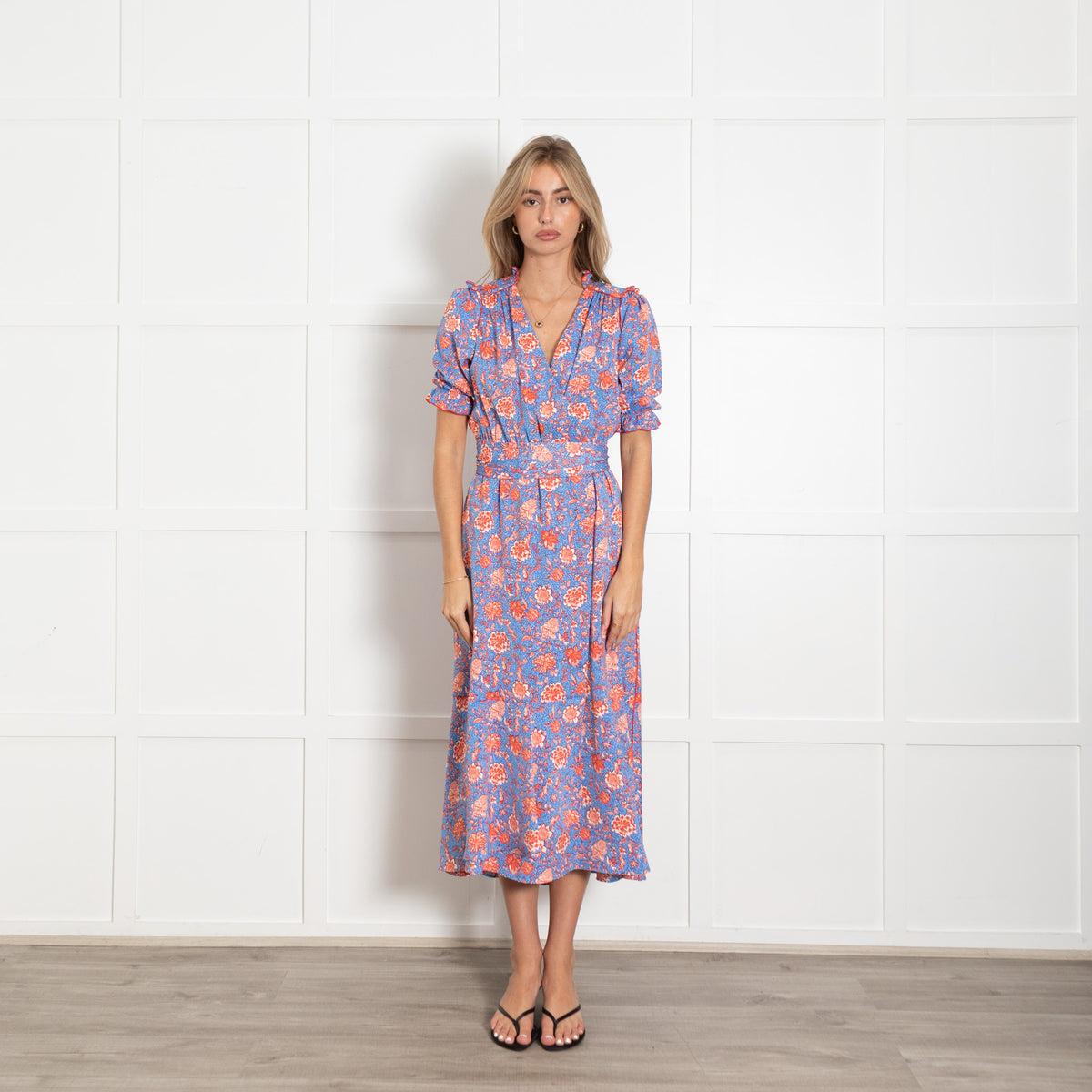 Me + Em Light Blue White Orange Floral Frill Detail Long Dress