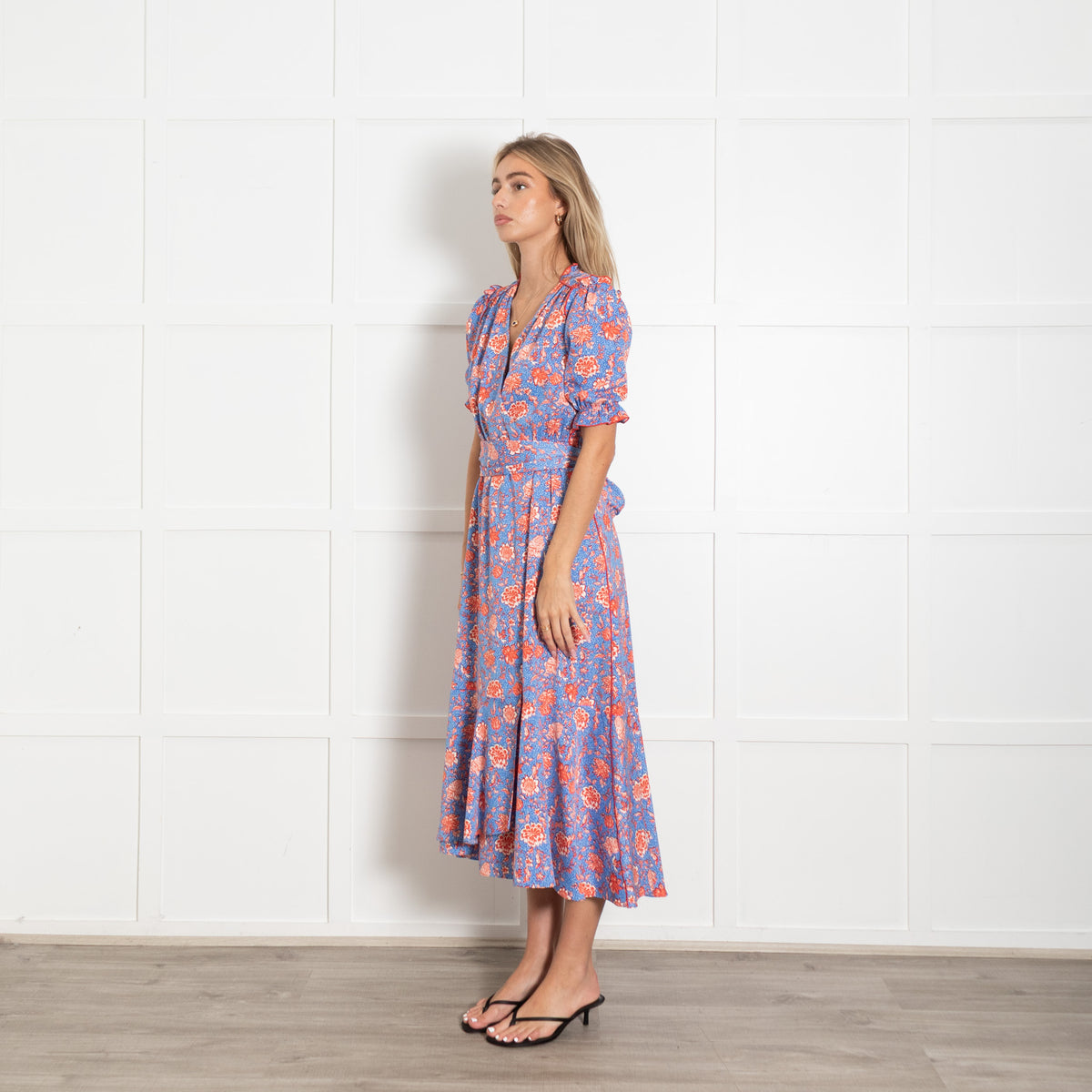 Me + Em Light Blue White Orange Floral Frill Detail Long Dress