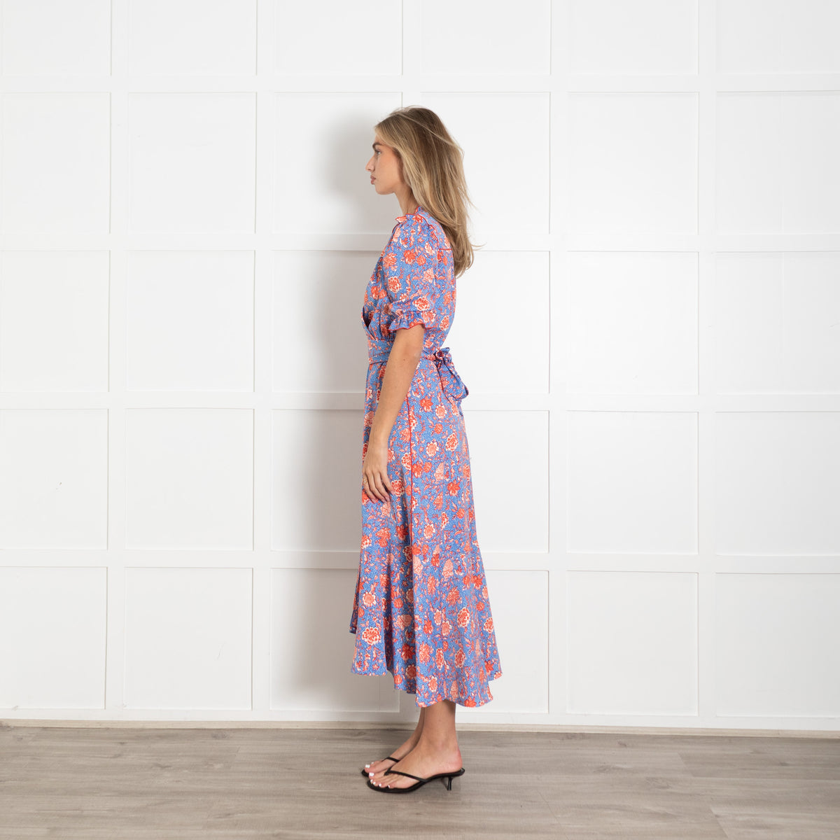 Me + Em Light Blue White Orange Floral Frill Detail Long Dress