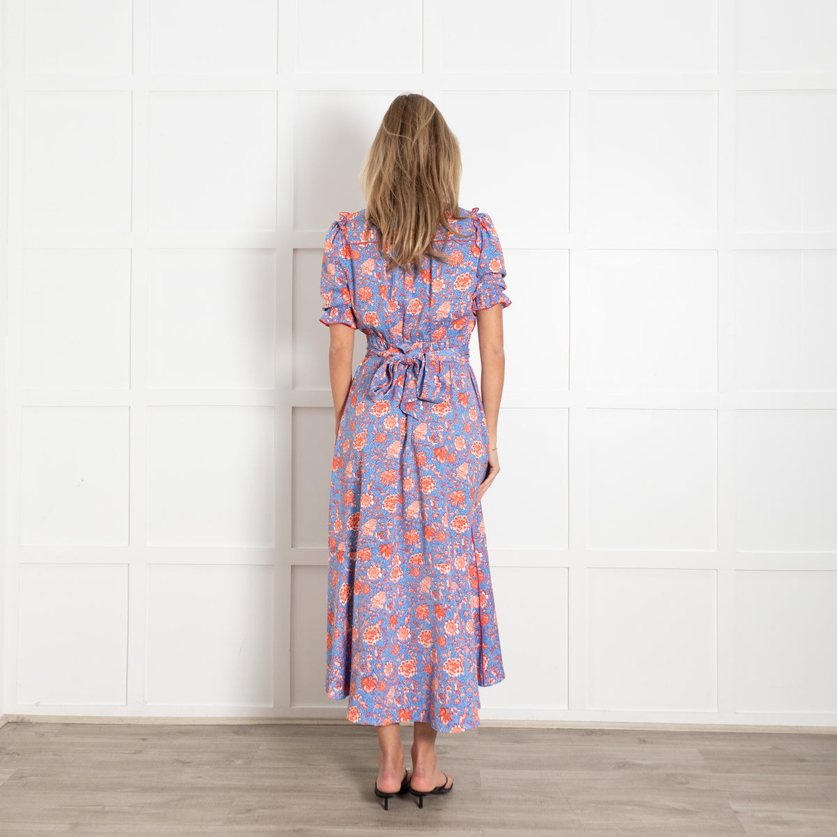 Me + Em Light Blue White Orange Floral Frill Detail Long Dress
